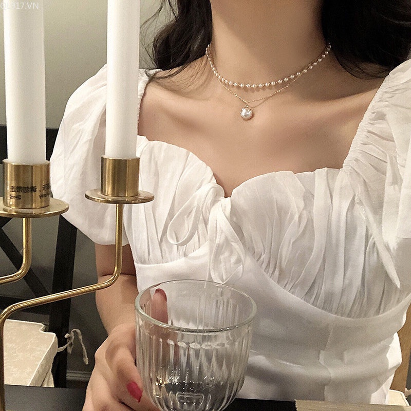 1 Vòng Cổ Choker Hai Lớp Đính Ngọc Trai Đơn Giản Thời Trang