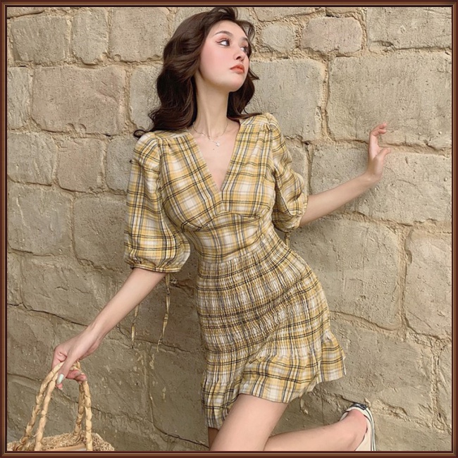 Đầm Chiffon Tay Phồng Cổ Chữ V Họa Tiết Sọc Caro Thời Trang Cho Nữ
