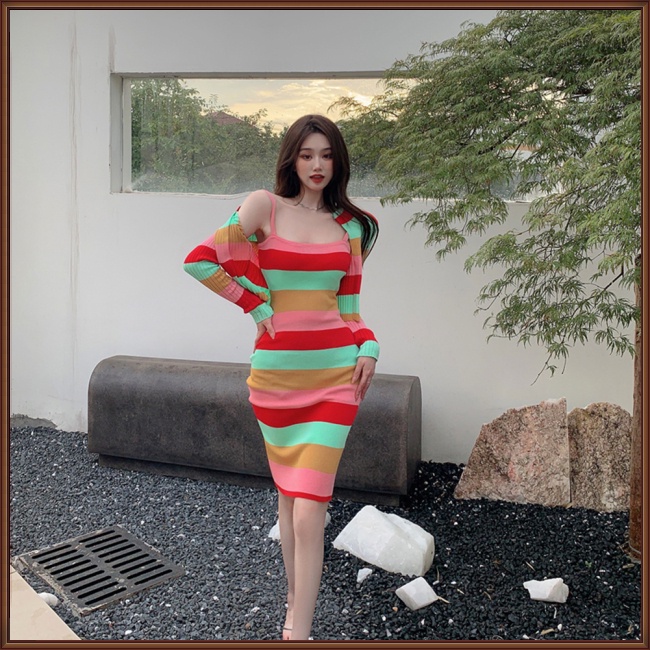 Bộ Đầm / Áo Khoác Cardigan Dệt Kim Dáng Ngắn Họa Tiết Kẻ Sọc Nhiều Màu Xinh Xắn Cho Nữ