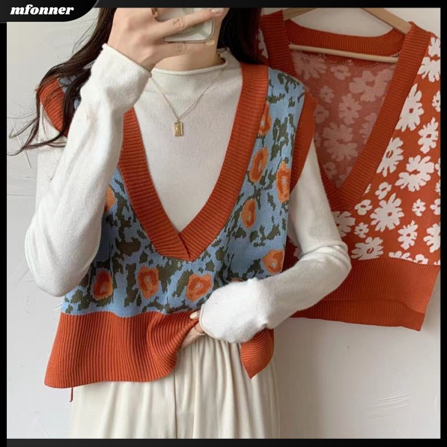 Áo Sweater Dệt Kim Sát Nách Cổ Chữ V Dáng Ôm In Hoa Dễ Thương Cho Bạn Gái
