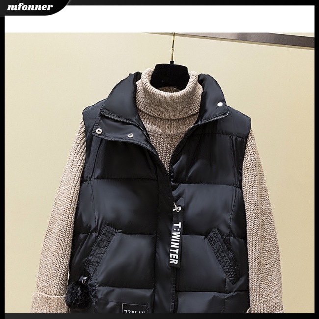 Áo Khoác Phao Sát Nách Cổ Đứng Đệm Cotton Dày Giữ Ấm Màu Trơn Phối Khóa Kéo Thời Trang Mùa Đông Cho Nữ