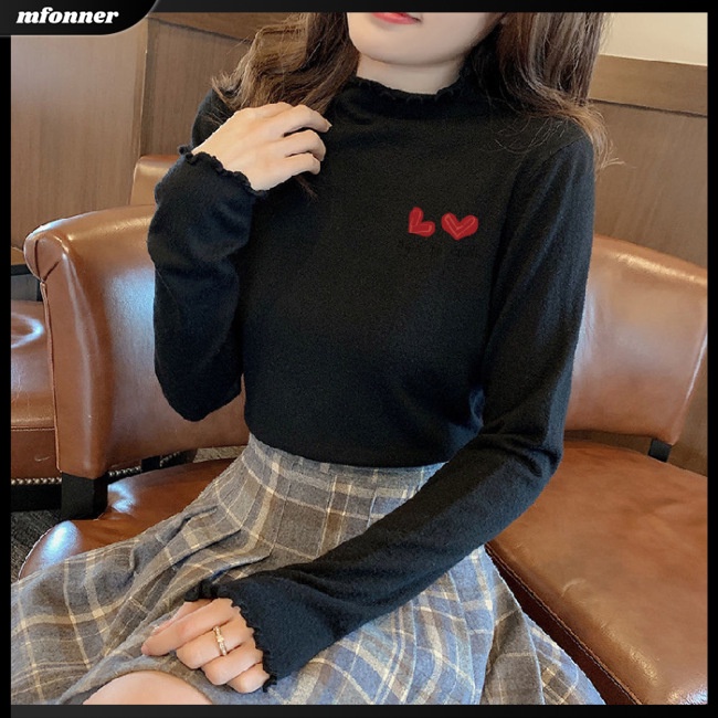 Áo Thun Tay Dài Cổ Lọ Phối Bèo Giữ Ấm Mùa Đông Cho Nữ