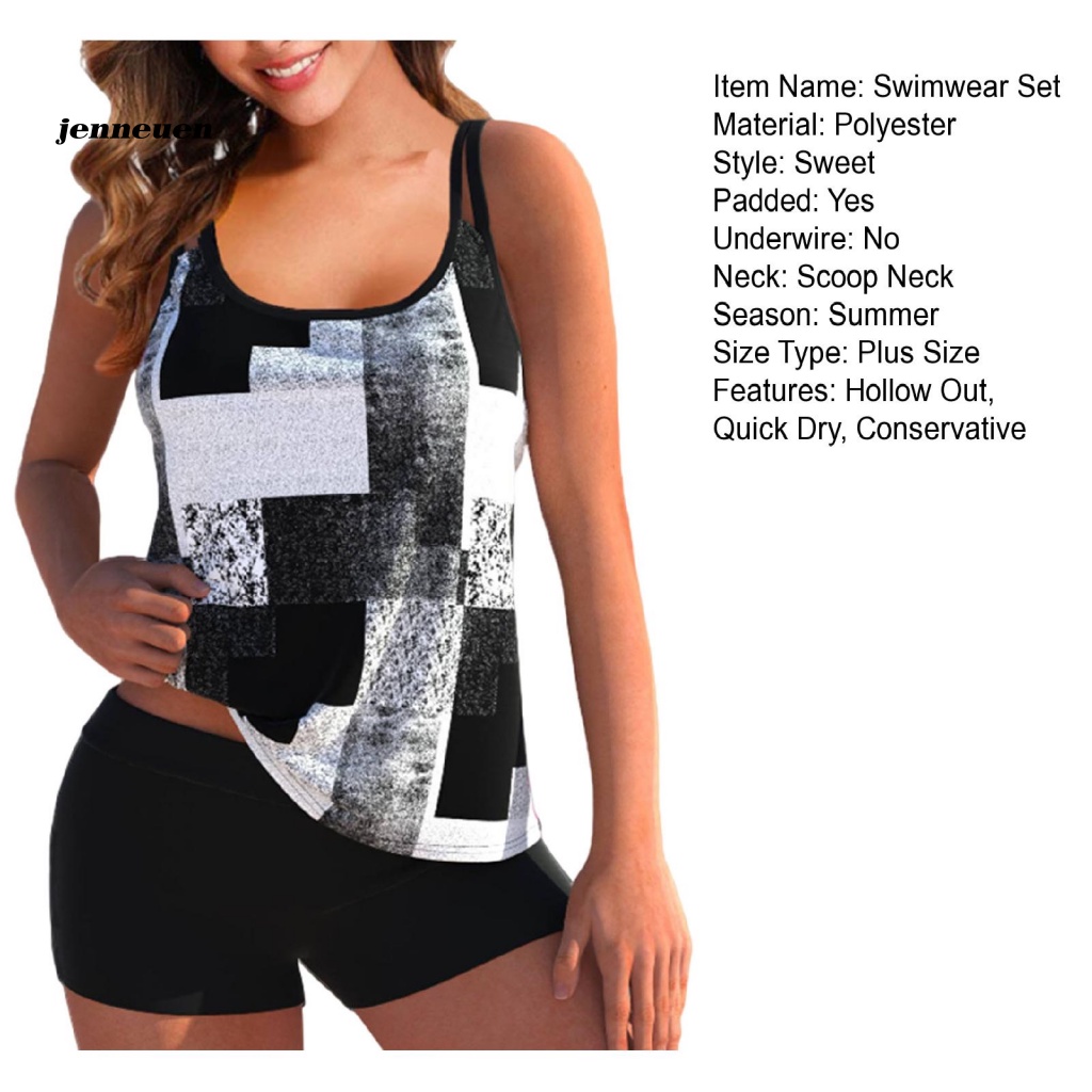 Bộ Đồ Bơi 2 Mảnh Gồm Áo Không Tay + Quần Ngắn In Họa Tiết Khối Màu Kèm Dây Đeo Cổ Thời Trang Đi Biển Cho Nữ