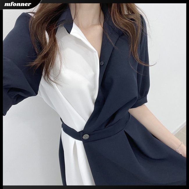 Đầm Tay Phồng Cổ Chữ V Màu Sắc Tương Phản Thời Trang Mùa Hè Cho Nữ