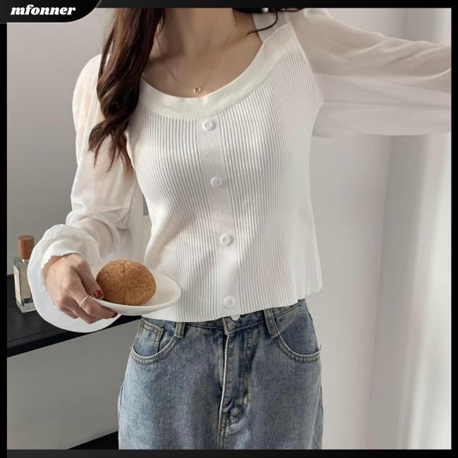 Áo Dệt Kim Tay Phồng Cổ Tròn Màu Sắc Đơn Giản Cho Nữ