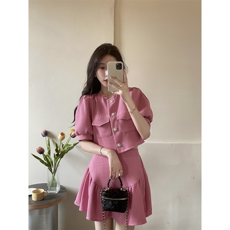SUXI Set Áo Tay Phồng Ôm Dáng + Chân Váy Ngắn Lưng Cao Thời Trang Cho Nữ