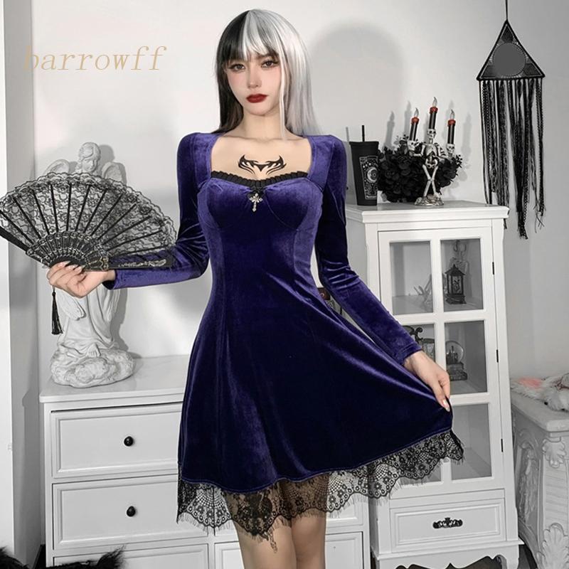 Đầm Nhung Chữ A Tay Dài Cổ Vuông Phối Ren Phong Cách Gothic