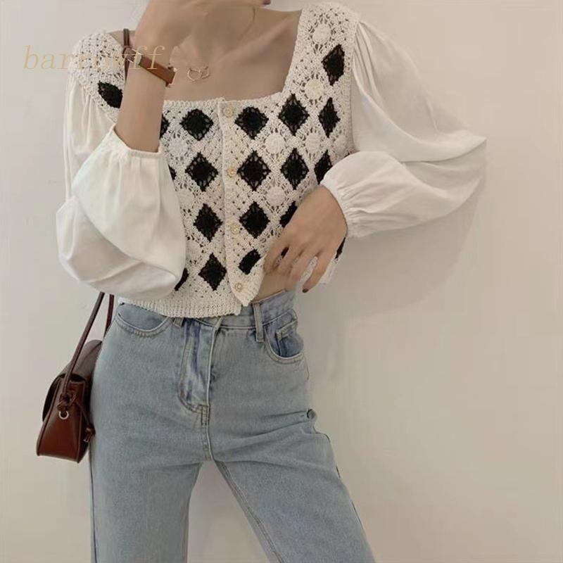 Áo Khoác Cardigan Chiffon Tay Dài Phồng Cổ Vuông Phối Ren Hoa Phong Cách Pháp Cổ Điển Thời Trang Cho Nữ
