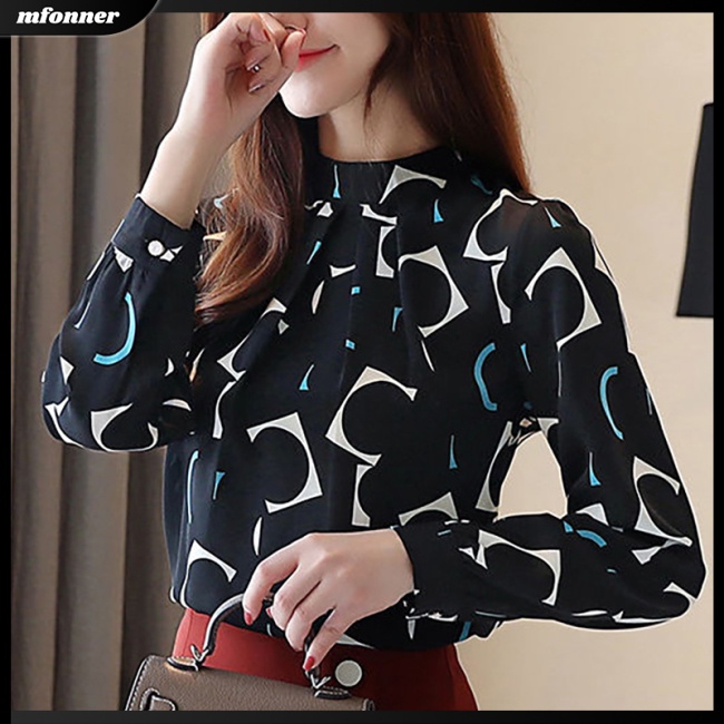 Áo Sơ Mi Chiffon Tay Dài Cổ Đứng Dáng Rộng In Họa Tiết Thời Trang Cho Nữ