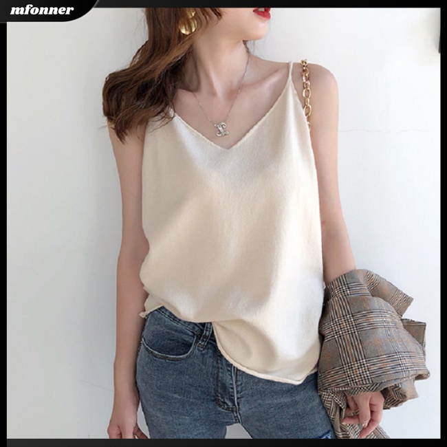 Áo Tank Top Dệt Kim Dáng Rộng Cổ Chữ V Màu Trơn Thời Trang Quyến Rũ Cho Nữ