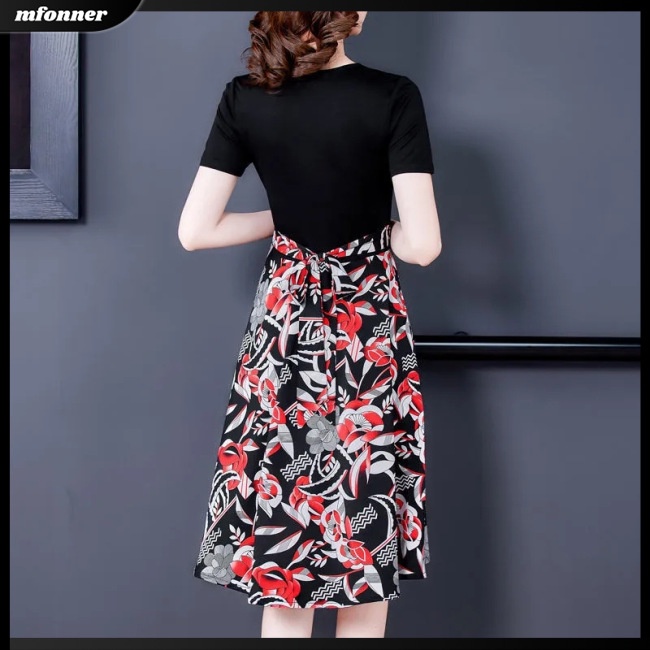 Đầm Midi Giả Hai Mảnh Áo Tay Ngắn Cổ Chữ V In Hoa Phối Chân Váy Chữ A Lưng Cao Thời Trang Mùa Hè Cho Bạn Gái
