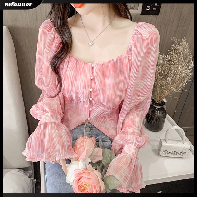 Áo Voan Cổ Vuông Tay Loe Xếp Ly In Họa Tiết Phong Cách Pháp Cổ Điển Thời Trang Cho Nữ