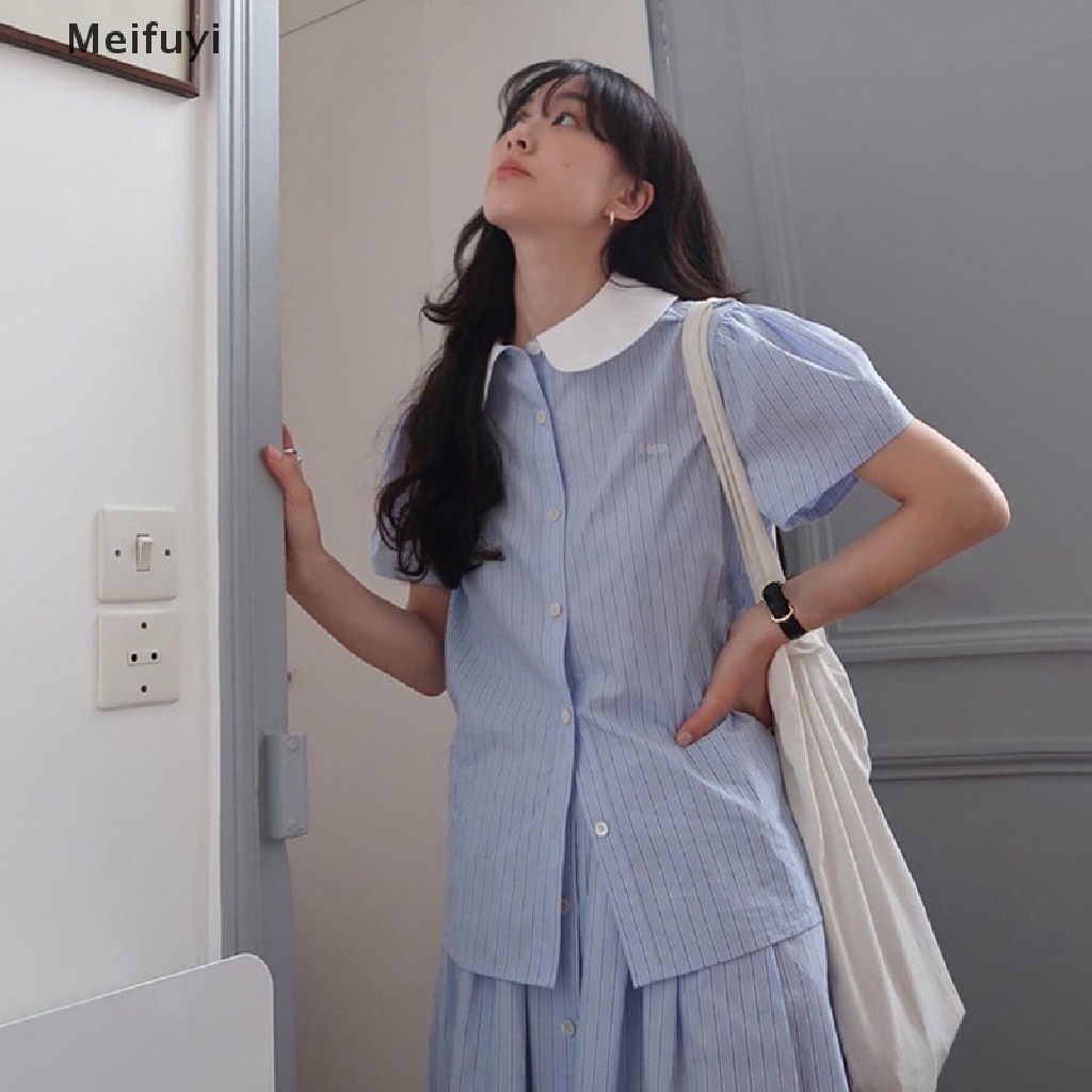 Set Áo Sơ Mi Kẻ Sọc Màu Sắc + Chân Váy Lưng Cao Thời Trang Mùa Hè Phong Cách Hàn Quốc