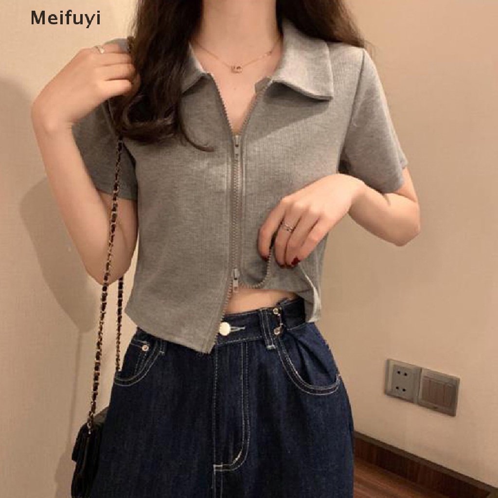 Áo Croptop Tay Ngắn Có Khóa Kéo Đôi Màu Sắc Trơn Thời Trang Mùa Hè Xinh Xắn Cho Nữ