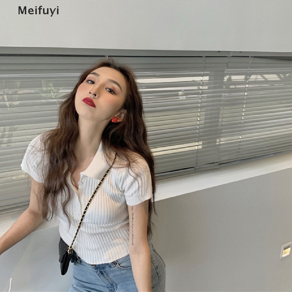 Áo Thun Crop Top Dệt Kim Mỏng Mùa Hè Tay Cộc Cài Nút Màu Trơn Cho Nữ