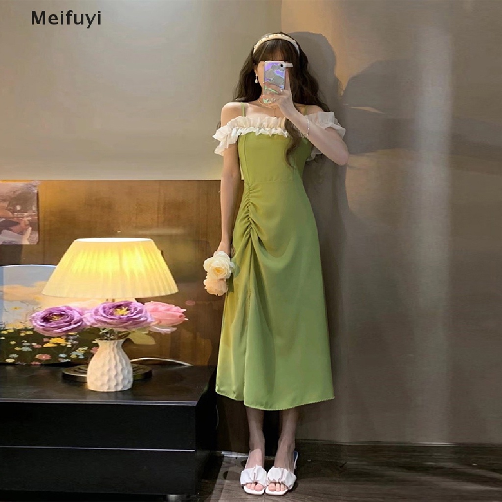 [Meifuyi] Đầm Midi Xếp Nếp Trễ Vai Phối Bèo Thanh Lịch Quyến Rũ Phong Cách Pháp Cho Nữ