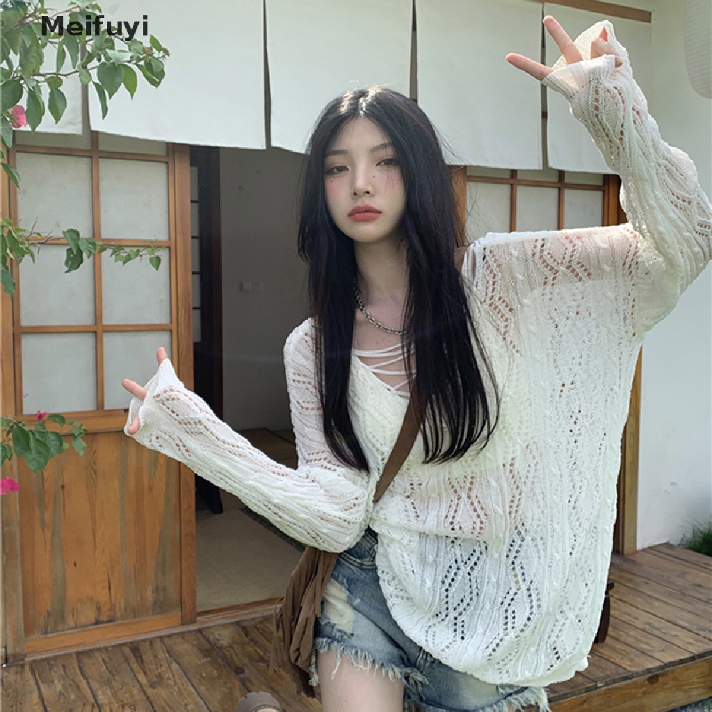 [Meifuyi] Áo Dệt Kim Tay Dài Dáng Rộng Thoáng Khí Chống Nắng Mùa Hè Khoét Rỗng Cho Nữ
