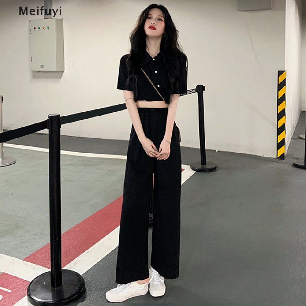 [Meifuyi] Set Áo Thun Ngắn Tay + Quần Dài Ống Rộng Thời Trang Mùa Hè