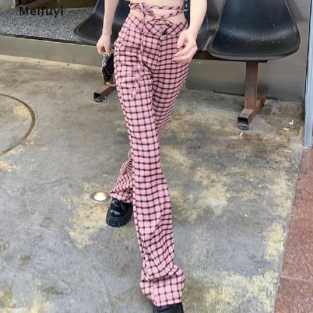 [Meifuyi] Quần Kẻ Sọc Màu Hồng Eo Cao Thời Trang Hè Cho Nữ