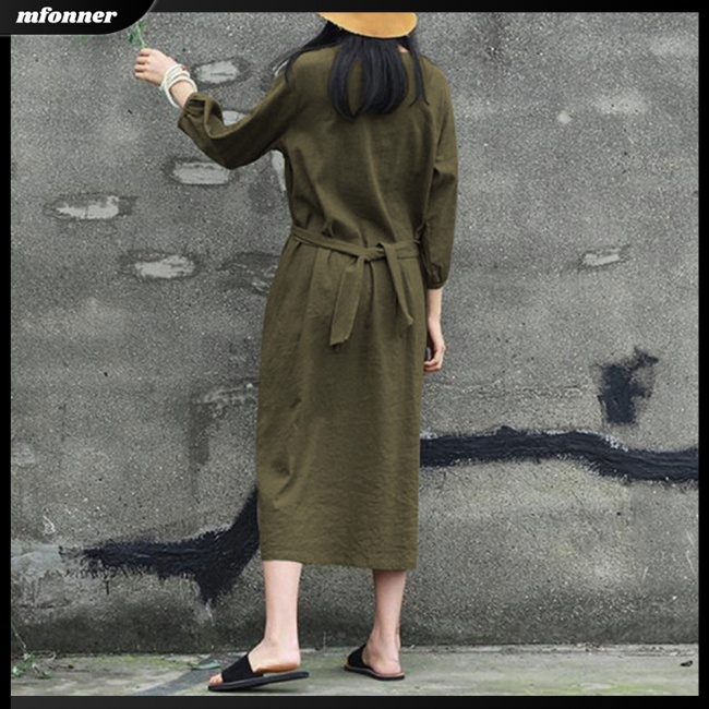 Đầm Midi Cotton Tay Dài Cổ Tròn Thắt Dây Eo Màu Sắc Trơn Phong Cách Nhật Bản Dành Cho Nữ