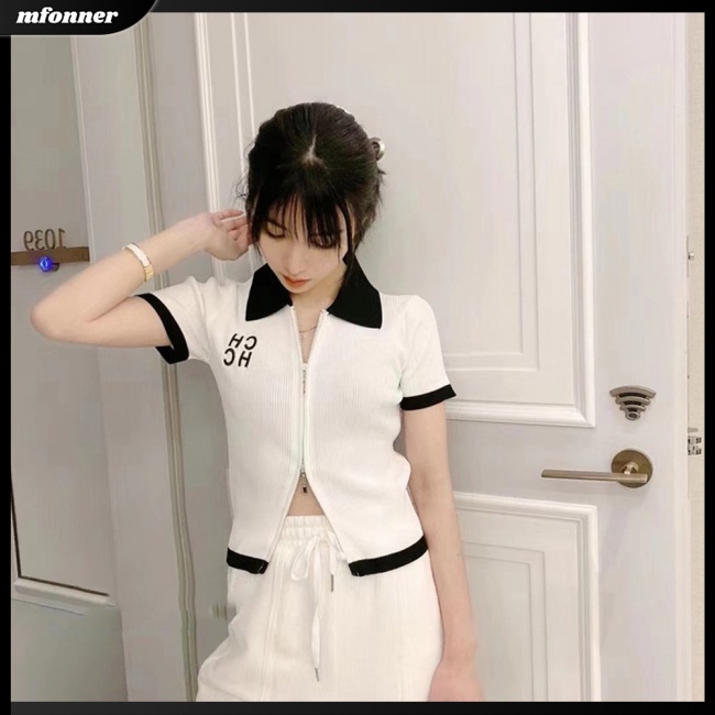 Áo Cardigan Dệt Kim Tay Ngắn Có Khóa Kéo Thêu Chữ Thời Trang Cho Nữ