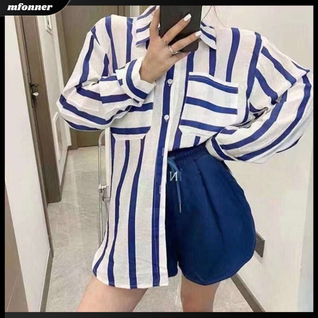Áo Sơ Mi Kẻ Sọc Dài Tay Có Túi Thời Trang Cho Nữ