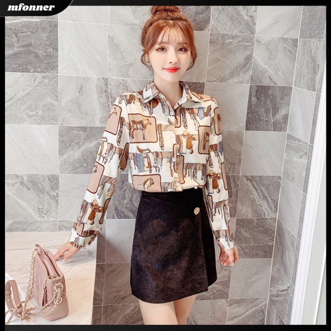 Áo Sơ Mi Voan Dài Tay Dáng Rộng In Họa Tiết Retro Xinh Xắn Dành Cho Nữ