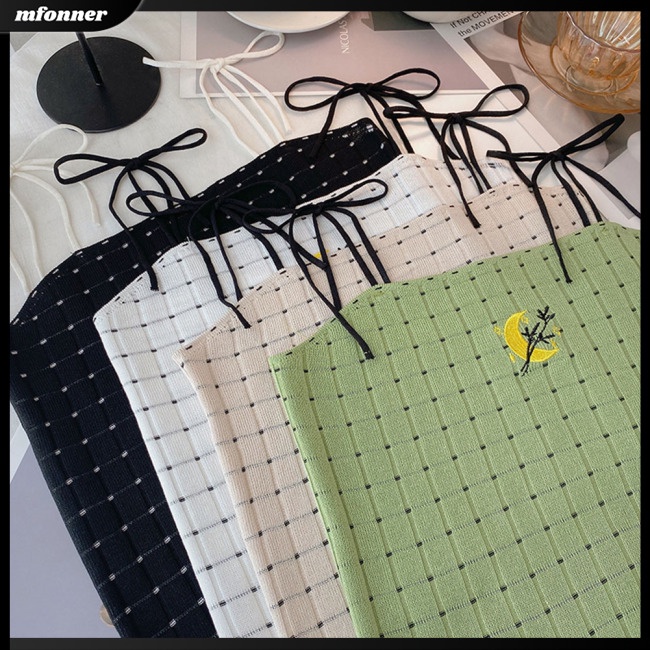 Áo Hai Dây Cotton Mềm Mại Họa Tiết Sọc Caro Thêu Hình Mặt Trăng Thắt Dây Thời Trang Cho Nữ