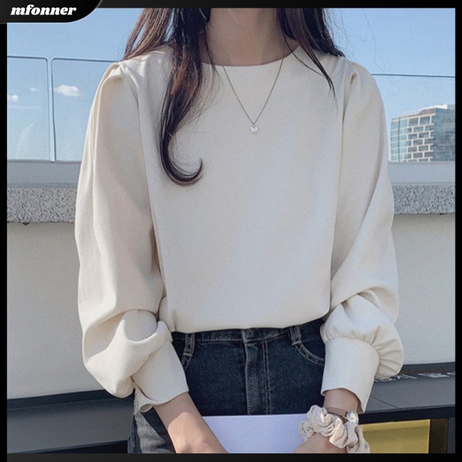 Áo Sơ Mi Tay Dài Phồng Cổ Tròn Màu Sắc Đơn Giản Thoáng Khí Dành Cho Nữ