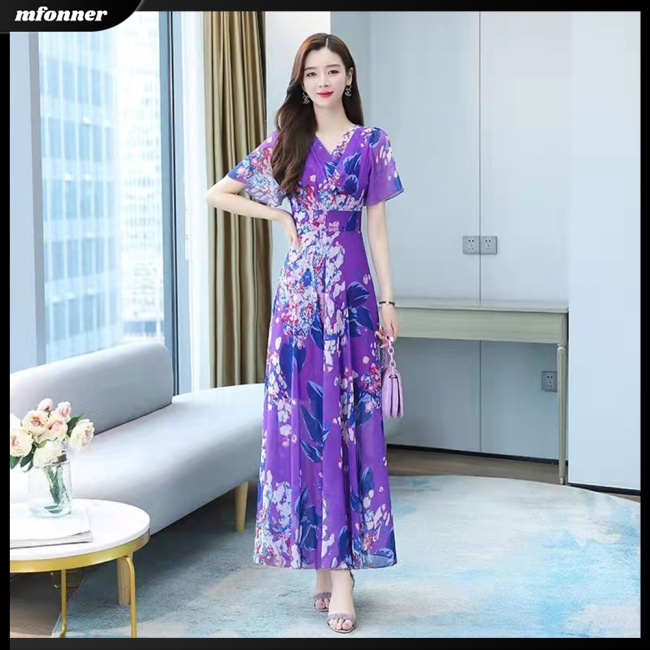 Đầm Hoa Tay Ngắn Cổ Chữ V Dáng Chữ A Lưng Cao Thời Trang Cho Nữ