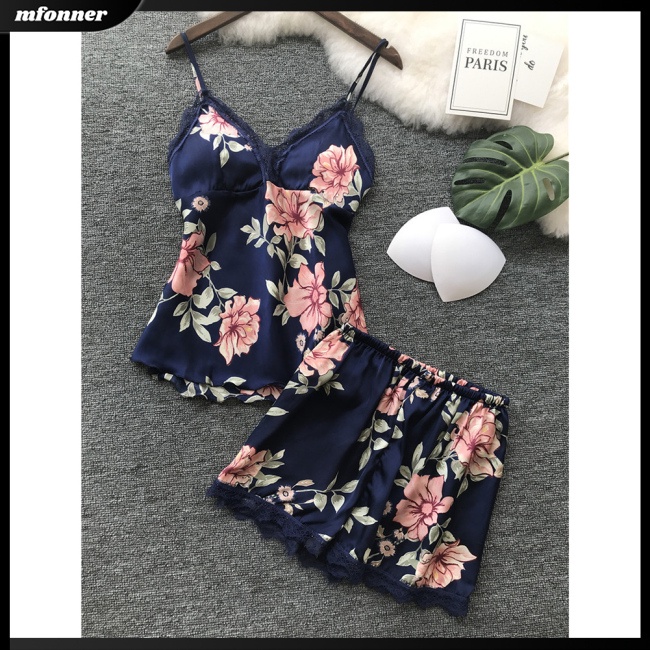 Bộ Đồ Ngủ 2 Món Áo + Quần Short Vải Lụa Satin Viền Ren Mềm Mại Thoải Mái