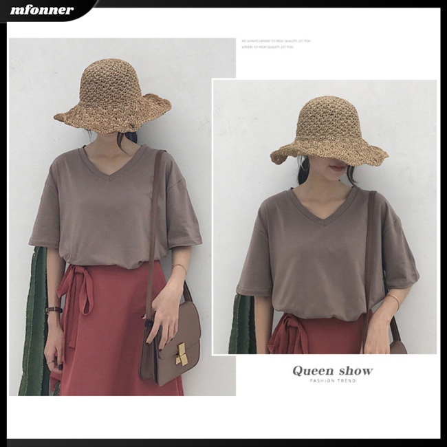 Áo Thun Tay Ngắn Cổ Chữ V Màu Sắc Đơn Giản Cho Nữ