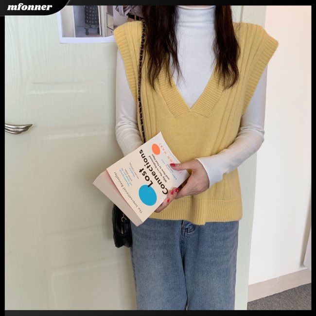 Áo Dệt Kim Sát Nách Dáng Rộng Cổ Chữ V Màu Sắc Retro Dành Cho Nữ