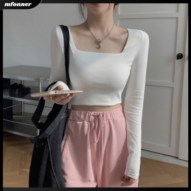 Áo Thun Cotton Tay Dài Cổ Vuông Màu Sắc Đơn Giản Dễ Phối Đồ Cho Nữ