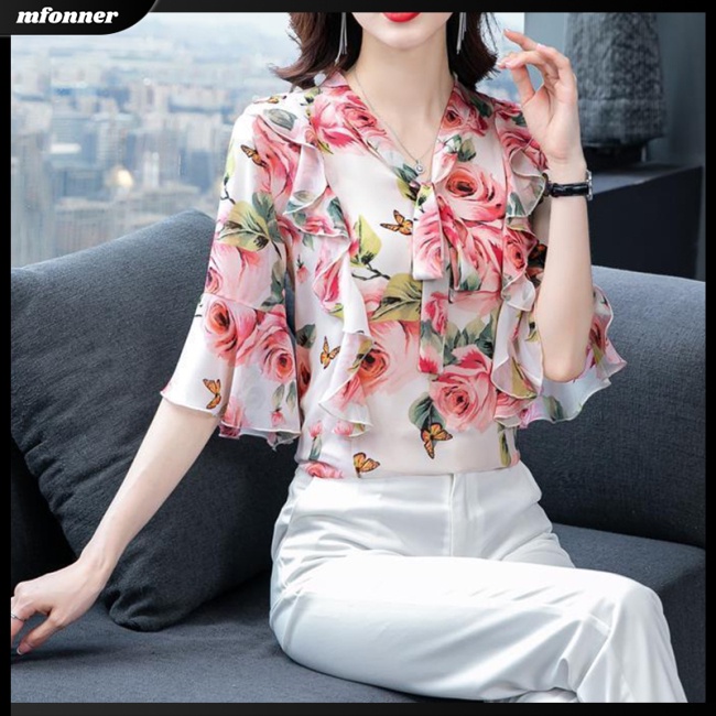 Áo Sơ Mi Chiffon Tay Ngắn Cổ Chữ V Họa Tiết Hoa Thời Trang Mùa Hè Cho Nữ