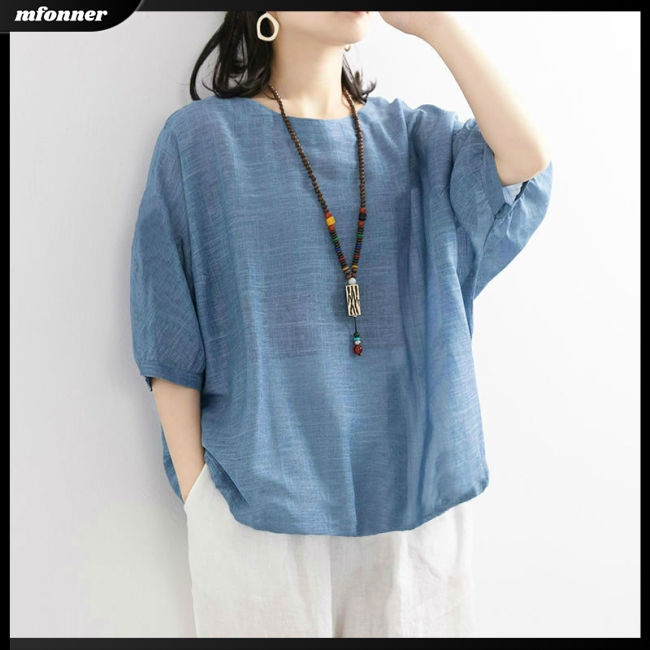 Áo Thun Cotton Lanh Tay Ngắn Dáng Rộng Màu Sắc Đơn Giản Trẻ Trung Dành Cho Nữ