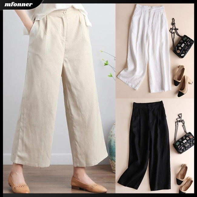 Quần Cotton Lanh Mỏng Ống Rộng Màu Trơn Thời Trang Cho Nữ