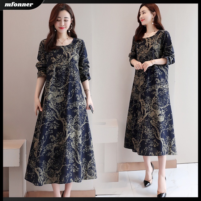 Đầm Tay Dài Dáng Rộng Chiết Eo In Họa Tiết Xinh Xắn Thời Trang Cho Nữ