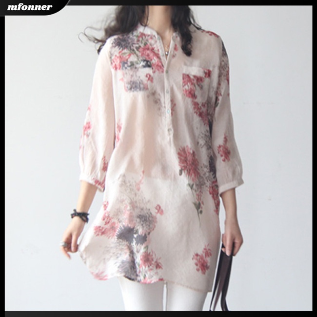 Áo Sơ Mi Rộng Bằng Vải Lanh Cotton In Hình Hoa Dành Cho Nữ Size Lớn