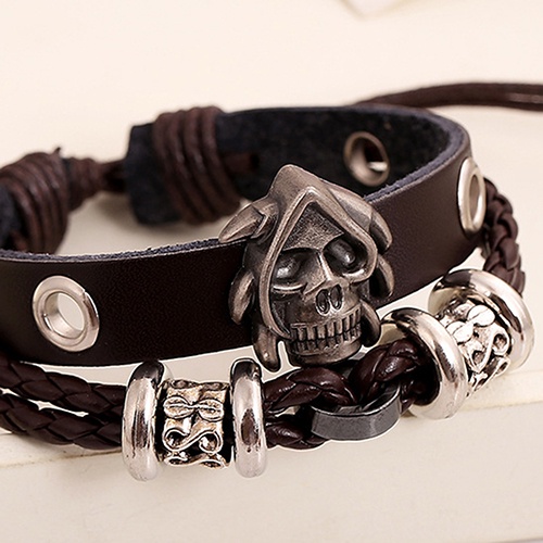 Vòng Tay Giả Da Nhiều Lớp Mặt Đầu Lâu Cá Tính