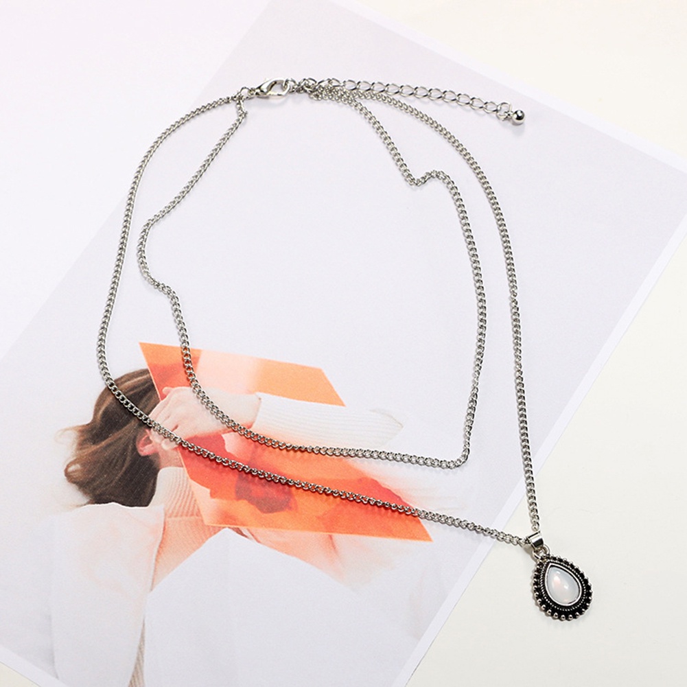 Vòng cổ Hai Lớp Mặt Đá Opal Hình Giọt Nước Phong Cách Vintage