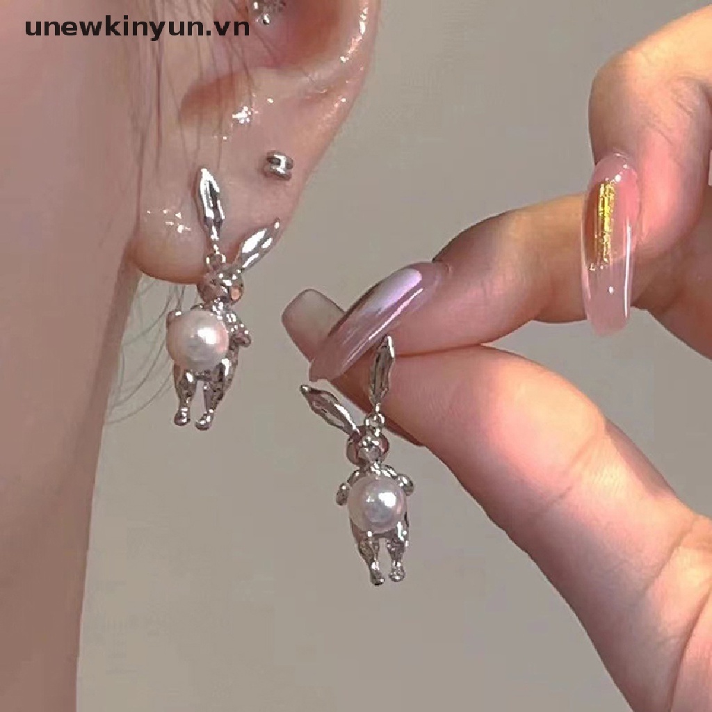 Bông Tai Hình Thỏ Bằng Kim Loại Đính Ngọc Trai Dễ Thương Thời Trang Cho Nữ