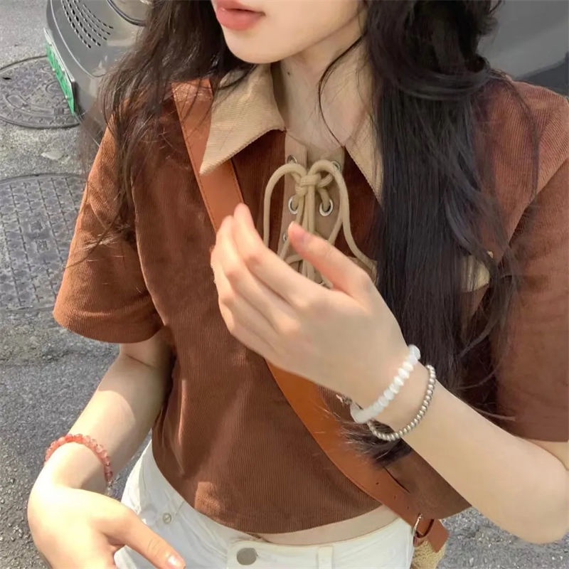 Áo polo Ngắn Tay Phong Cách Retro Harajuku Cá Tính Cho Nữ