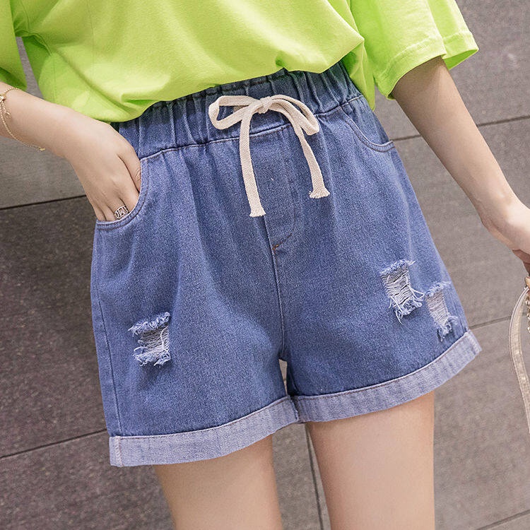 Quần Short Denim Lưng Cao Dáng Rộng Co Giãn Thời Trang Mùa Hè Cho Nữ Có Size Lớn