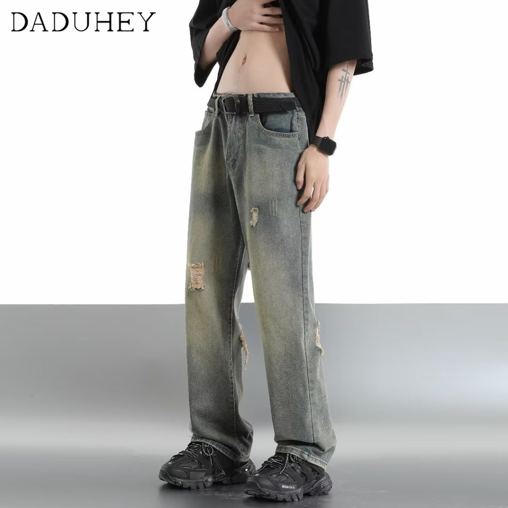 DaDuHey Summer Ripped Design Handsome Ins High Street Men's Denim Fashion Brand Washed Straight-Leg Pants
