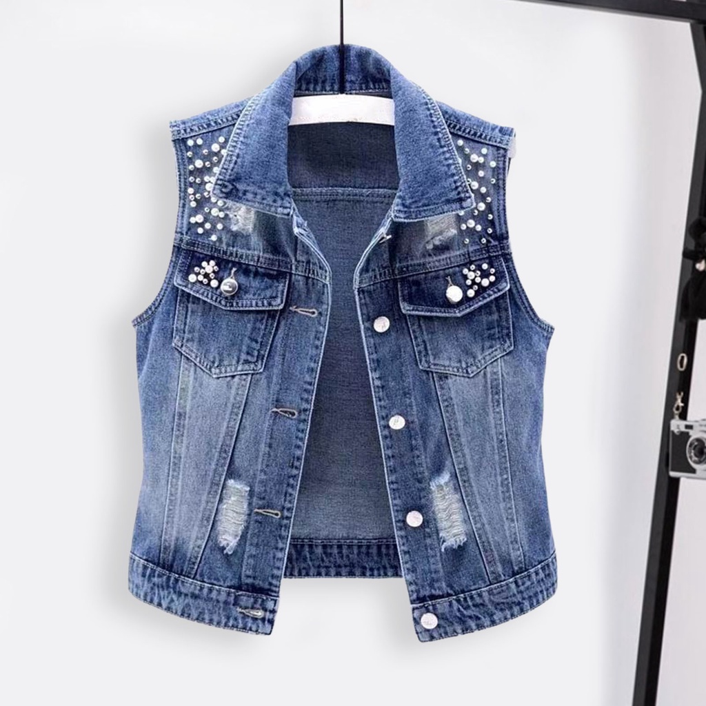 Áo Khoác Denim Không Tay Một Hàng Nút Màu Trơn Phối Rách Thời Trang Đường Phố Cho Nữ