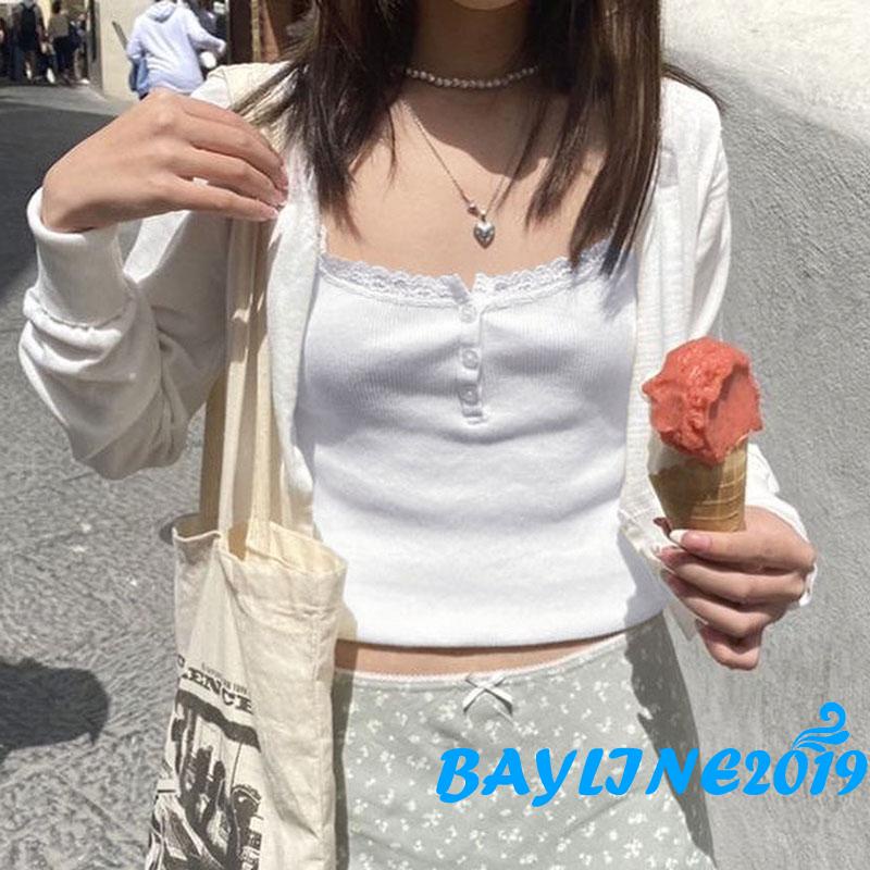 Áo Hai Dây Mỏng Sát Nách Phối Ren Và Nút Gợi Cảm Cho Nữ