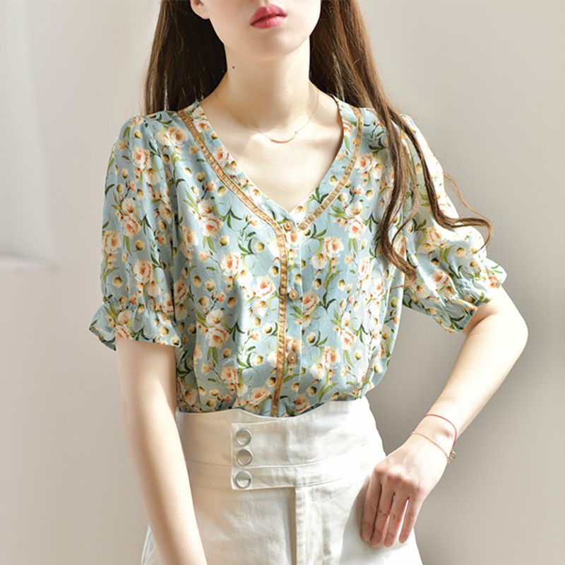 Áo Sơ Mi Tay Ngắn Cổ Chữ V Chất Chiffon Hoạ Tiết Hoa Thiết Kế Dáng Rộng