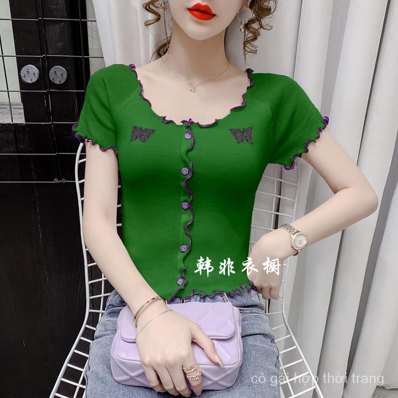 Áo Thun Lụa Lạnh Dệt Kim Tay Ngắn Thêu Hình Bướm Nhỏ Thời Trang Mùa Hè 2022 Kiểu Mới Dành Cho Bạn Nữ 9bth