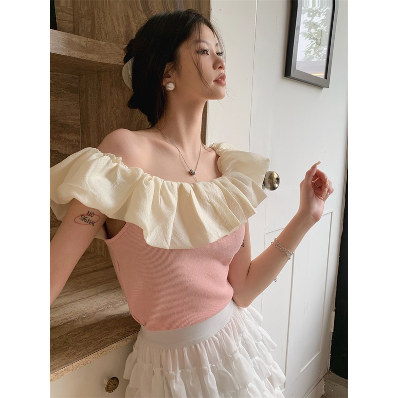 Áo Thun Mỏng Ghép Nối Viền Bèo One Line Vừa Vặn Mùa Hè Cho Nữ